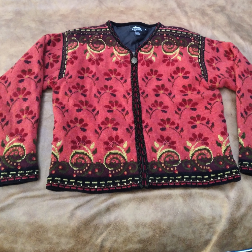 Icelandic Sweater Cardigan Zip up lined Floral Size M  Wool/Cotton Blend